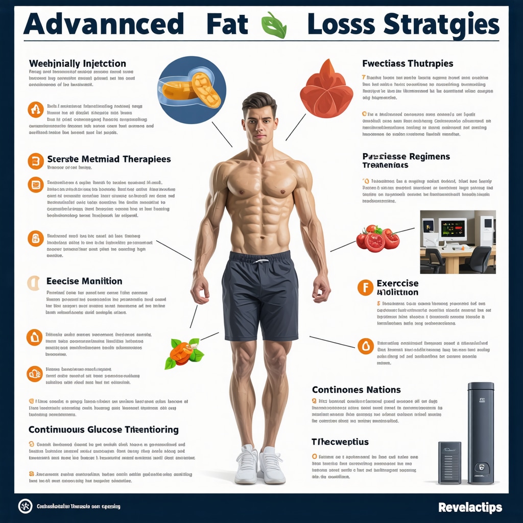 Infographic showing integration of injection therapy, personalized nutrition, exercise, and metabolic monitoring for fat loss