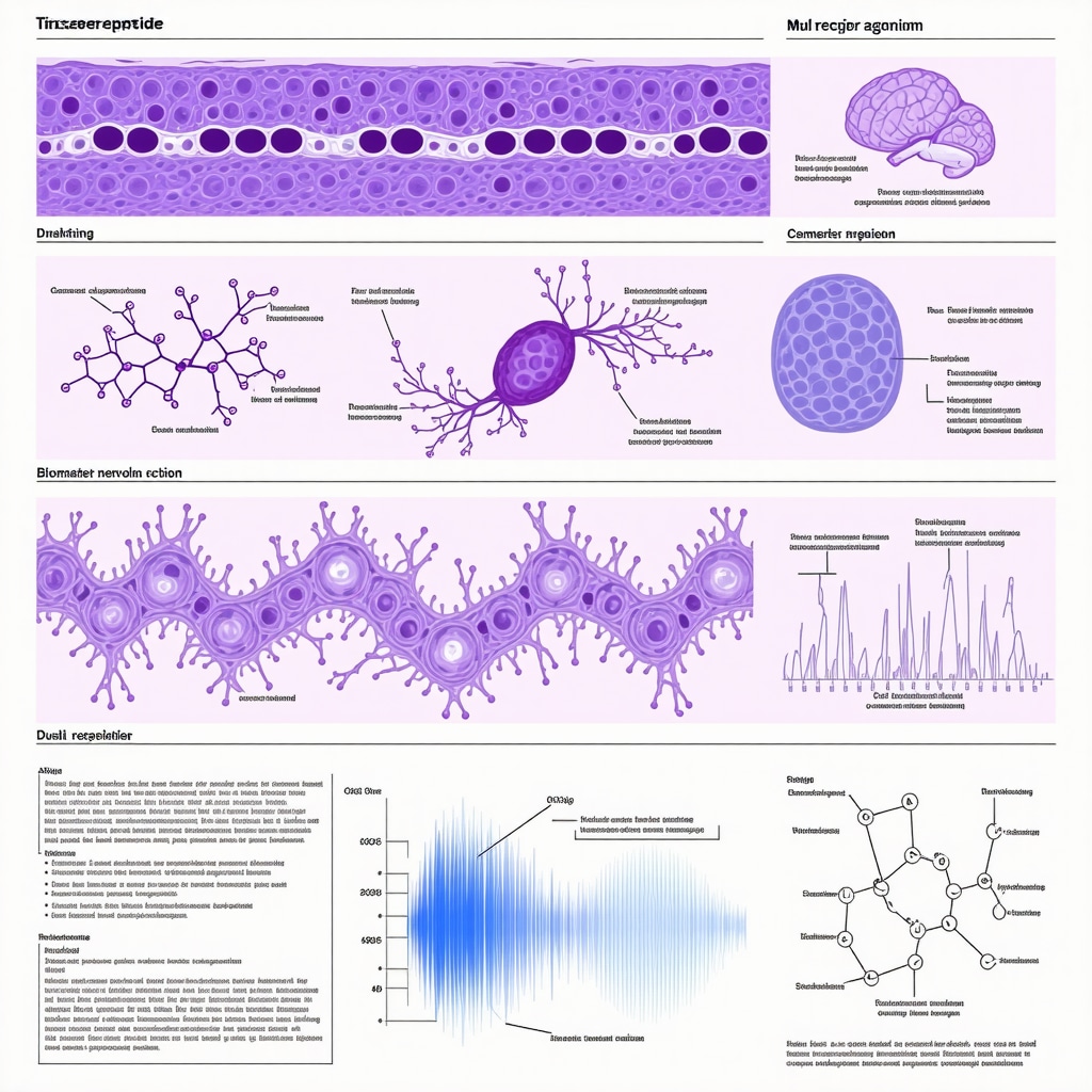 Infographic showing tirzepatide’s pharmacodynamics, neuroendocrine effects, and biomarker-based personalization strategies