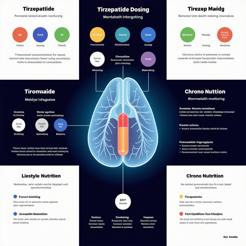 Infographic depicting personalized tirzepatide dosing, biomarker monitoring, mental health support, and lifestyle optimization