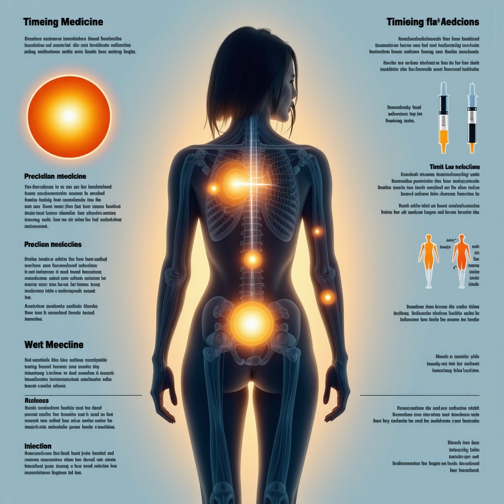 Human figure with circadian rhythm graph and injection site highlights representing optimized timing for fat loss injections