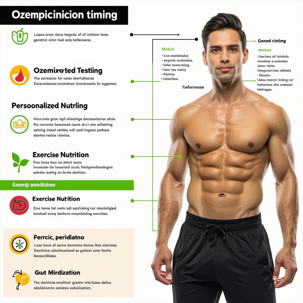 Infographic showing Ozempic injection timing, genetic factors, personalized diet, exercise cycles, and gut microbiome for fat loss