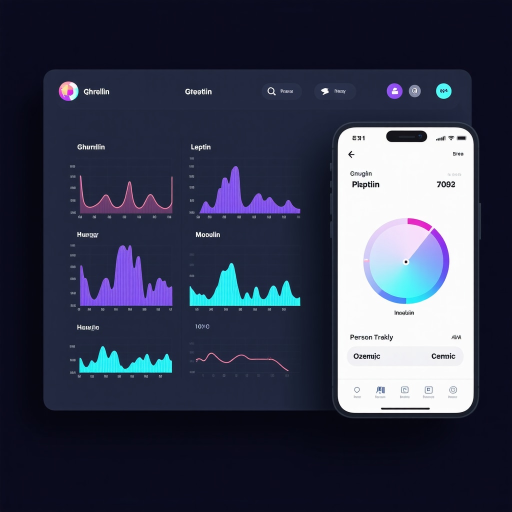Digital health dashboard with biomarker graphs and mobile app interface for appetite management in Ozempic users