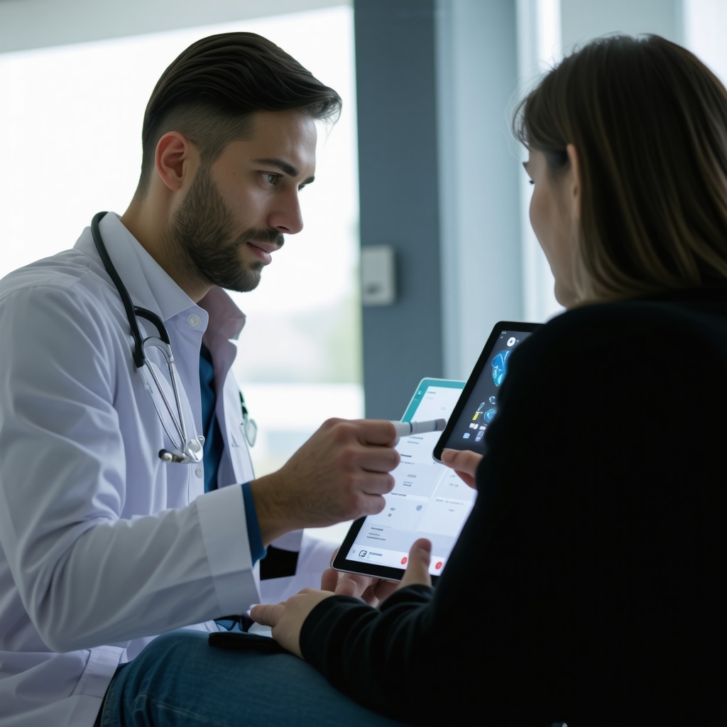 Patient using smart injection pen and CGM with doctor reviewing biomarker data on tablet