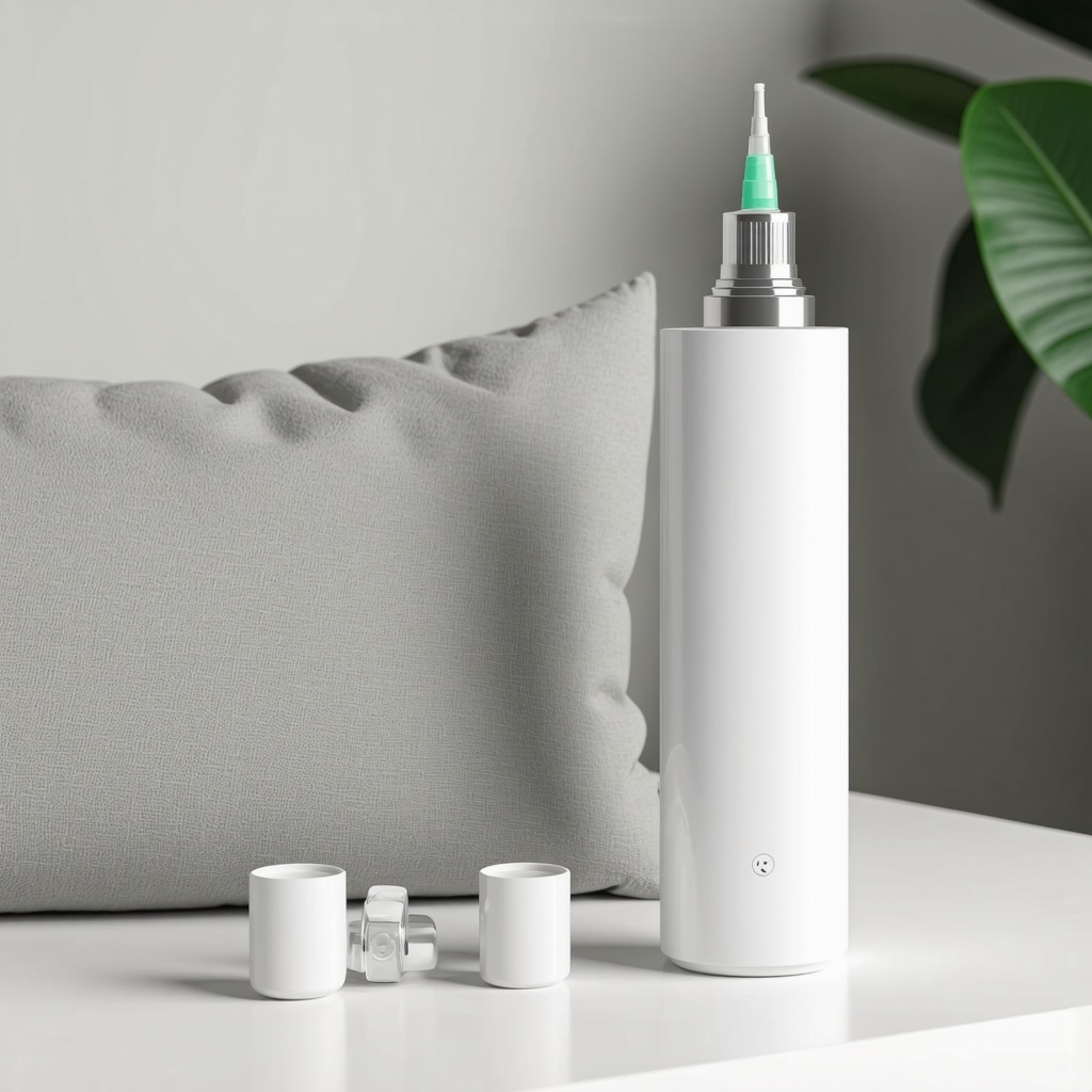Close-up of an ergonomic auto-injector device used in medically supervised weight loss programs placed on a calming background