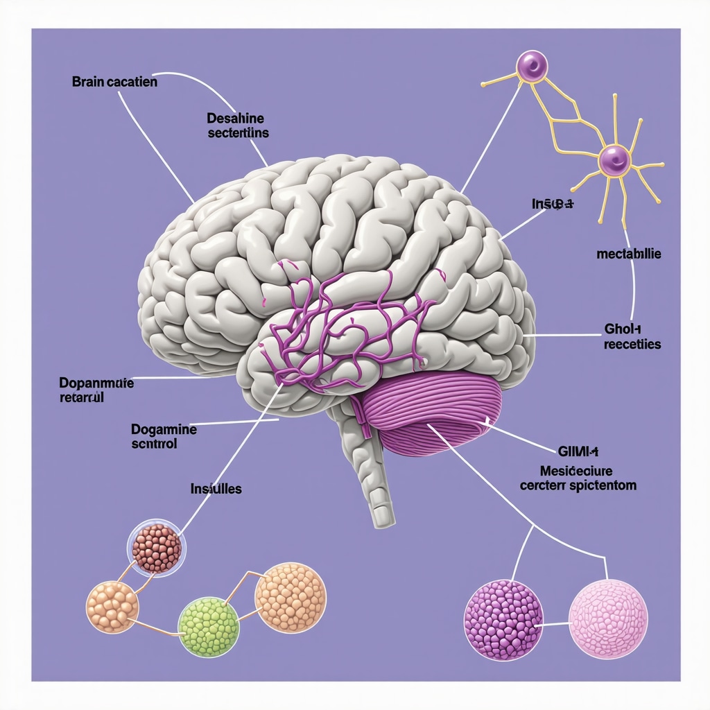 Diagram illustrating GLP-1 receptor agonists affecting hypothalamic dopamine pathways and pancreatic islet cell functions in metabolic regulation