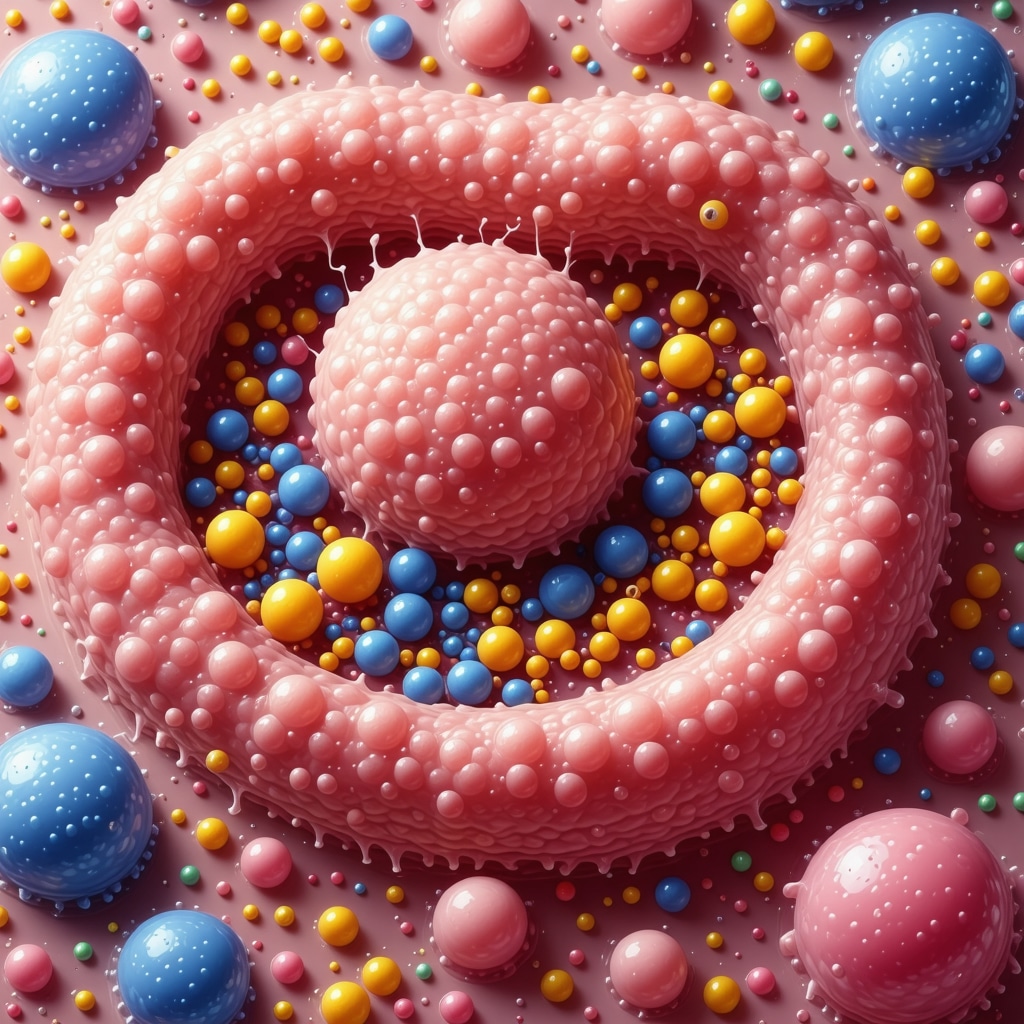 Illustration of gut microbiota with beneficial bacteria strains affecting weight loss and GLP-1 receptor function