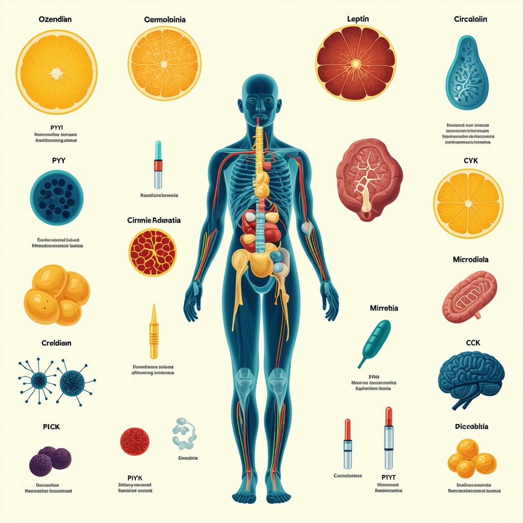 Diagram showing Ozempic injection timing, hormonal interactions, gut microbiota influence, and behavioral interventions for hunger management