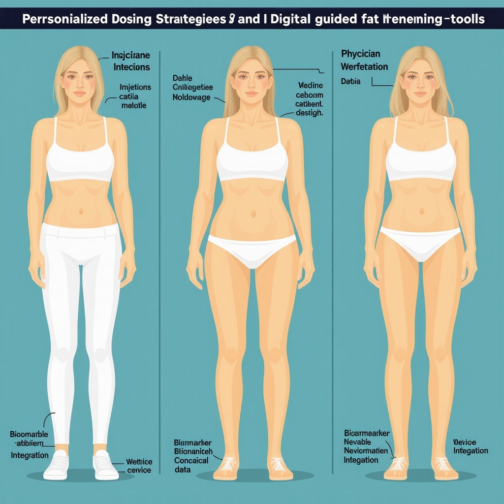 Infographic showing injection sites, metabolic biomarkers, and digital health tools for fat loss therapy