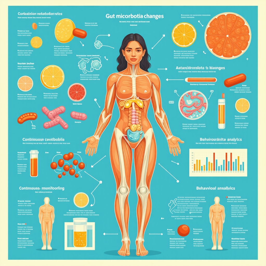 Diagram showing tirzepatide effects on gut microbiota, glucose monitoring, and behavioral analytics for fat loss