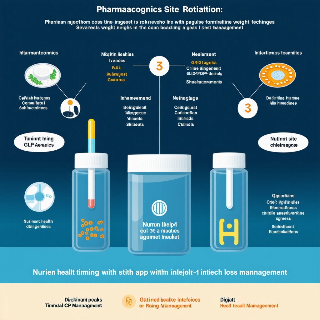 Infographic showing pharmacogenomics, advanced injection site rotation, nutrient timing, and digital health platforms for injectable weight loss
