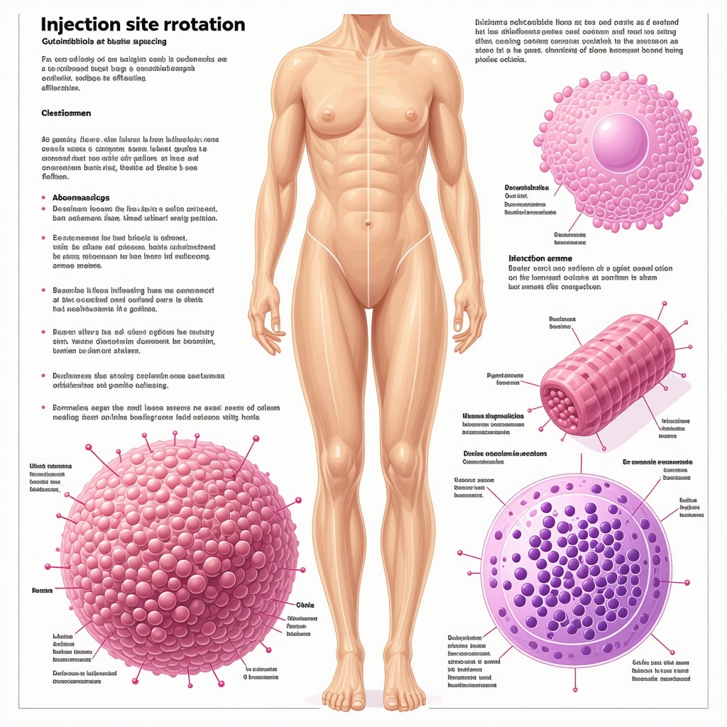 Infographic showing injection site rotation areas on human body and gut microbiota impact on injectable weight loss therapy
