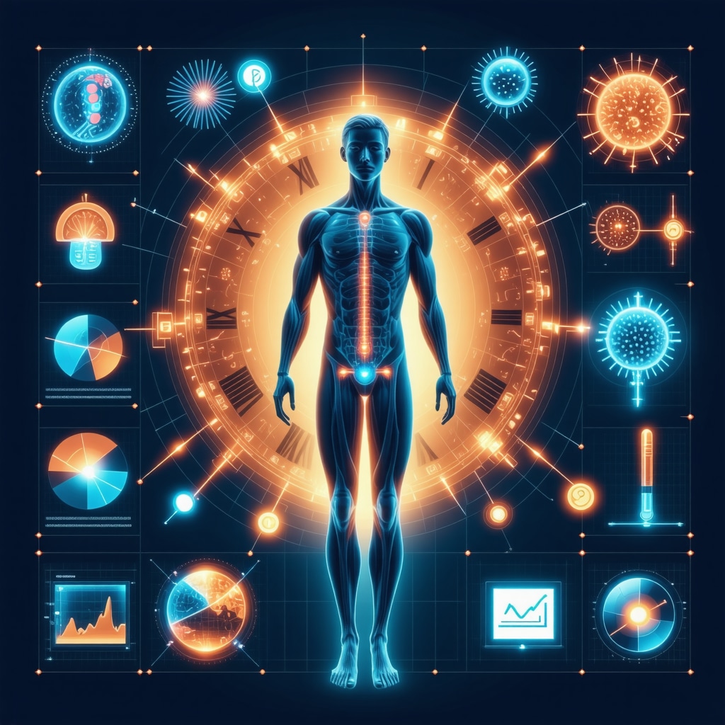 Human silhouette with circadian rhythm clock, gut microbiome, AI data analytics, and digital education icons representing advanced injectable weight loss strategies