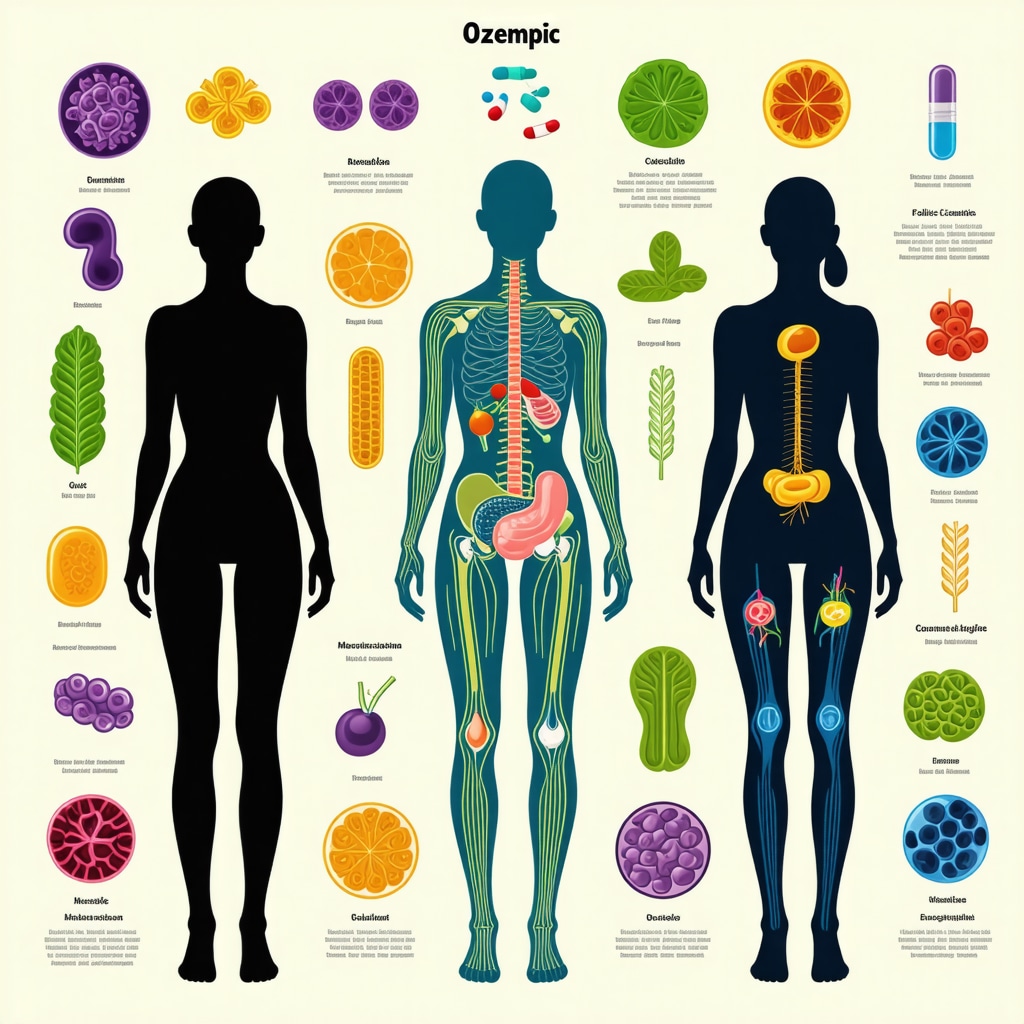 Diagram showing integrated approach combining Ozempic pharmacology, behavioral science, metabolism, and gut microbiota for weight loss
