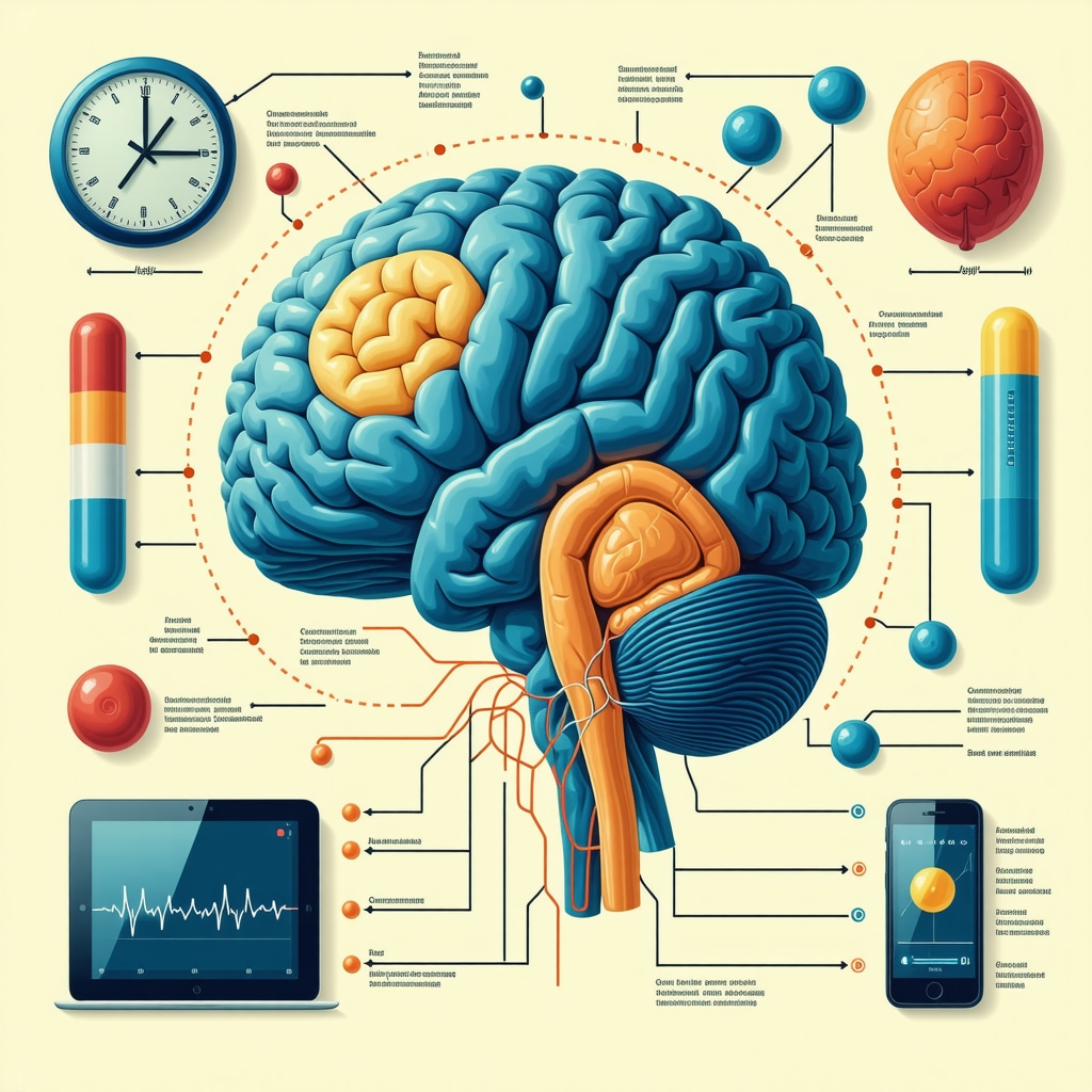 Illustration of brain-gut axis, circadian rhythm, and digital health tools for optimizing Ozempic therapy