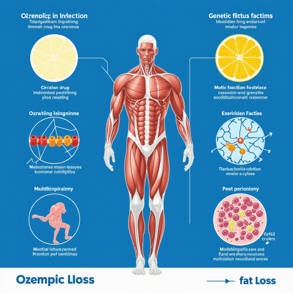Infographic showing Ozempic timing, genetics, exercise, and microbiome for personalized fat loss