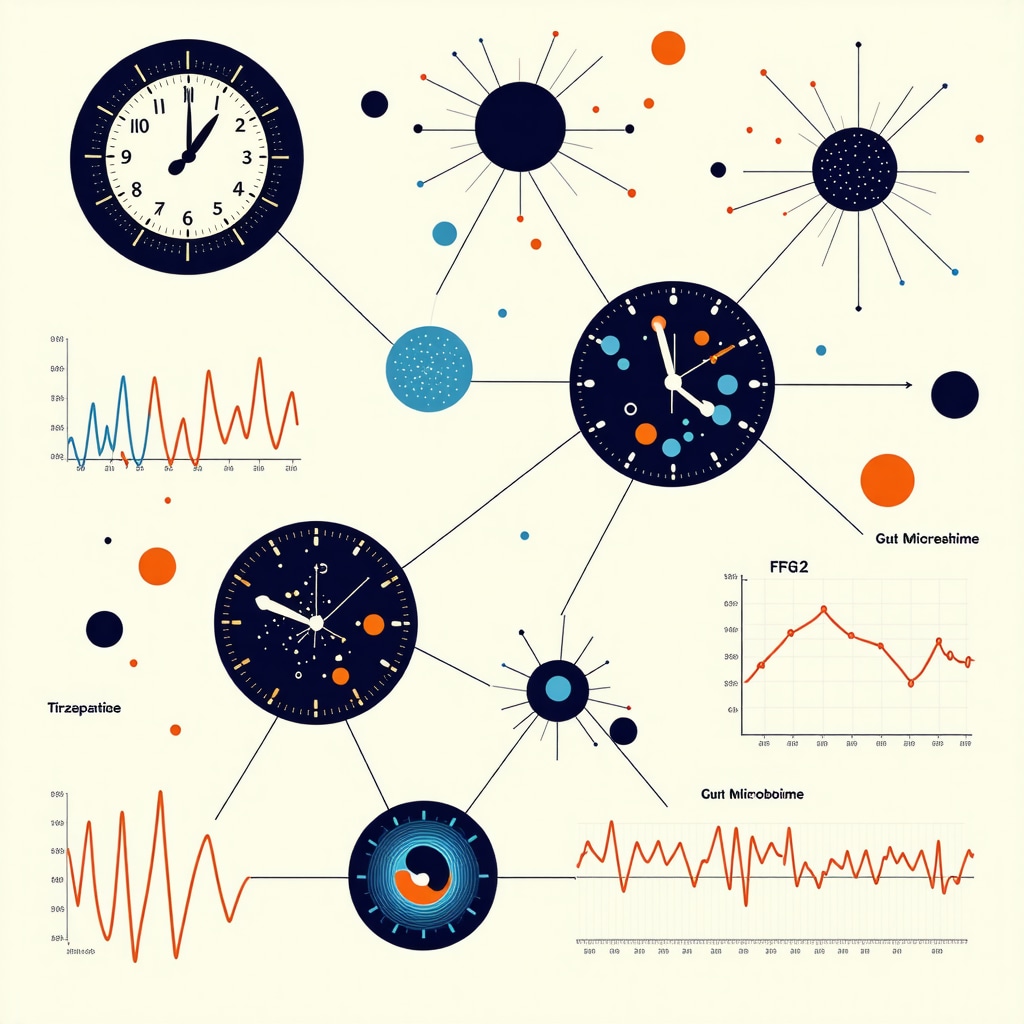 Diagram illustrating tirzepatide interaction with biomarkers, gut microbiome, and circadian rhythms for optimized therapy
