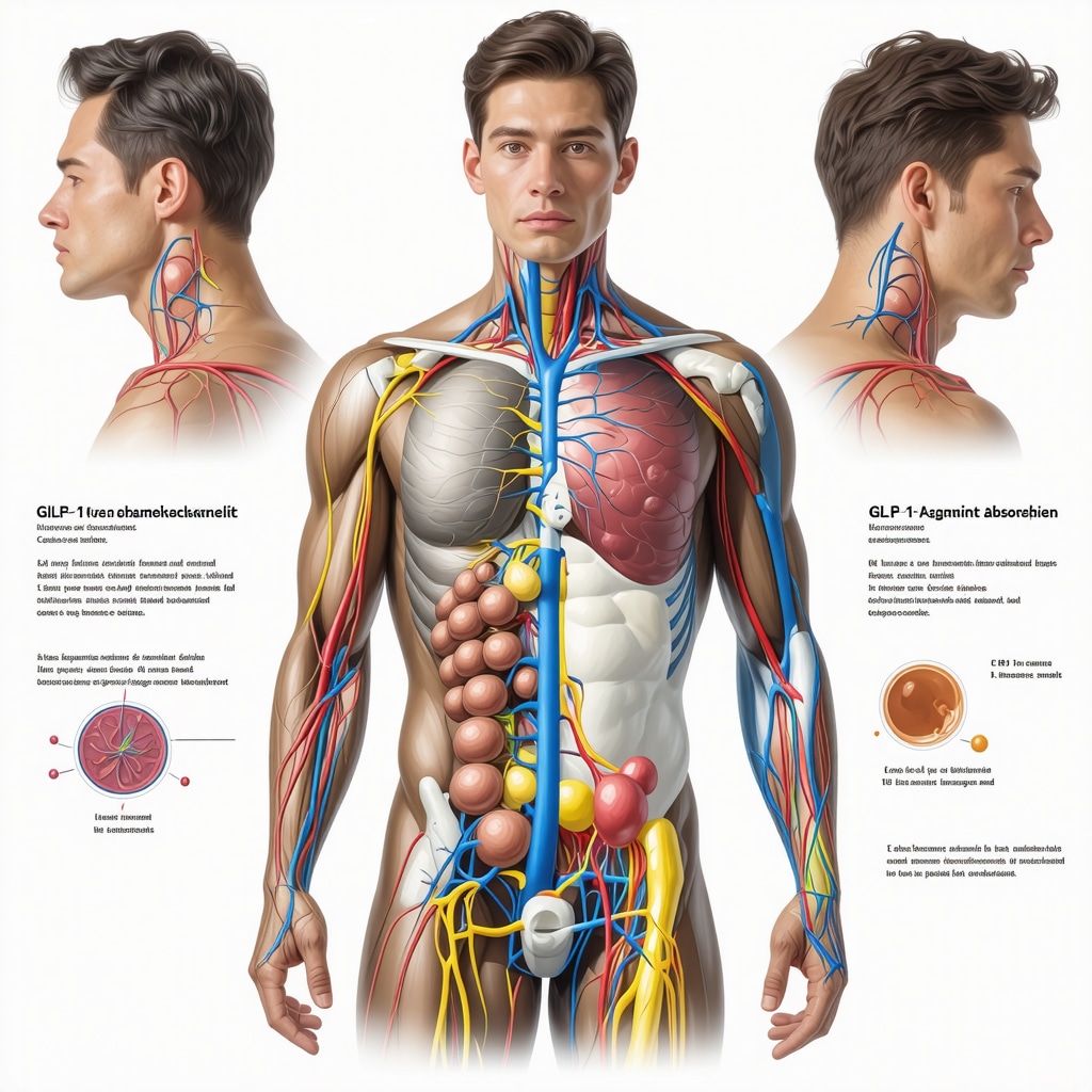 Diagram depicting injection sites with blood vessel density and skin immune responses relevant to injectable weight loss therapies