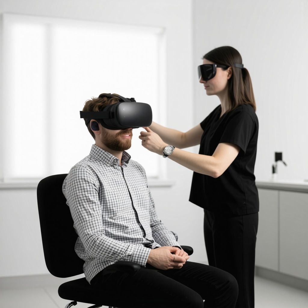 Patient wearing VR headset receiving virtual reality therapy guided by healthcare professional