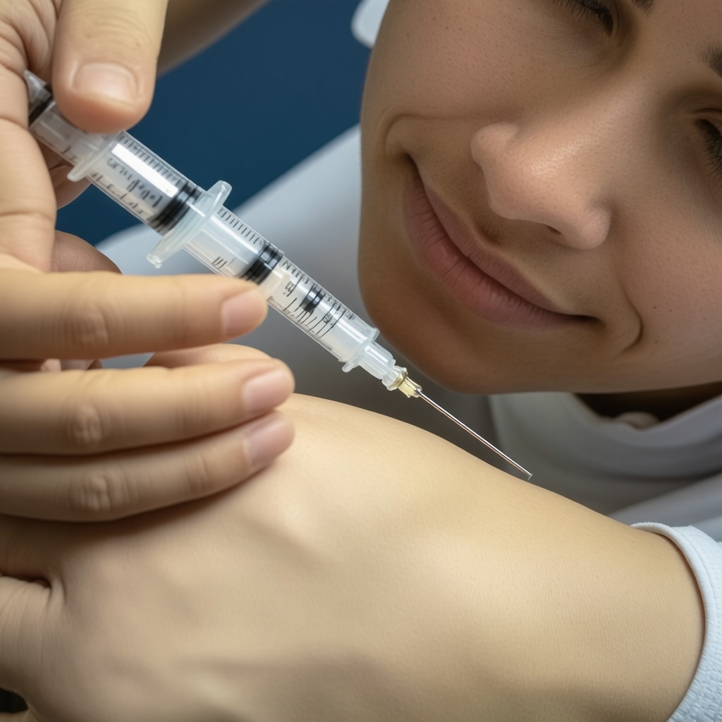 Person calmly administering subcutaneous injection with ultra-fine needle in a serene environment