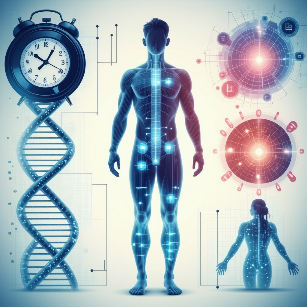 Human figure with DNA strand, circadian clock, and smartphone app icons depicting integrated tirzepatide treatment strategies
