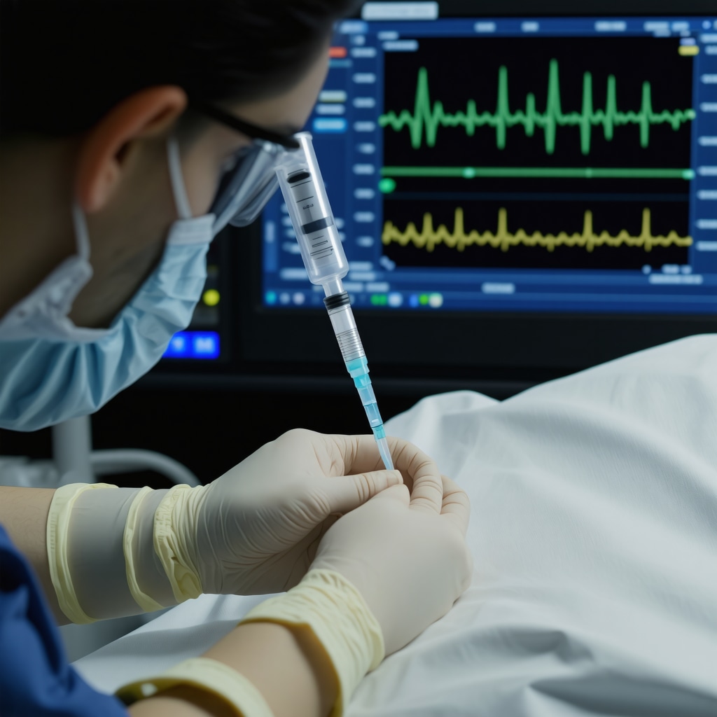 Medical professional performing ultrasound-guided injection for weight loss therapy with digital monitoring screens
