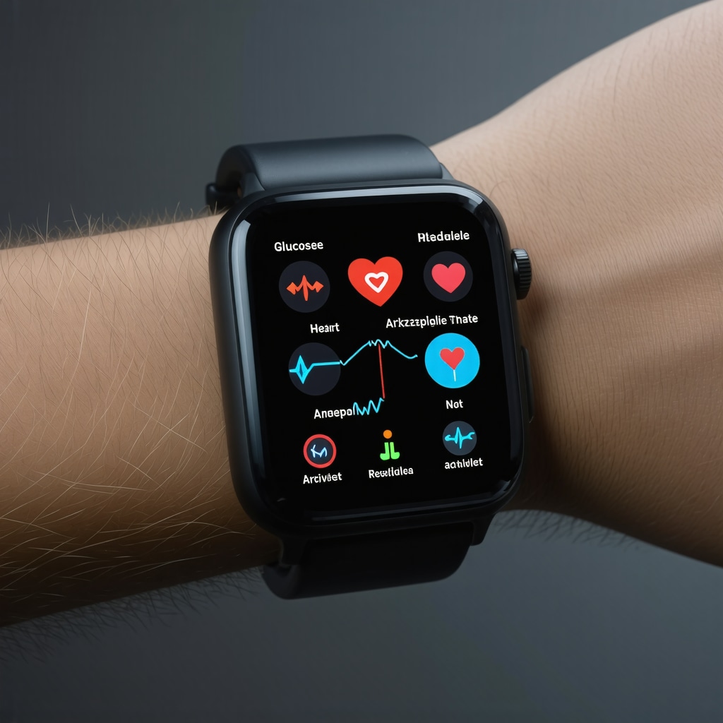 Smartwatch displaying glucose, heart rate variability, and activity data for tirzepatide user
