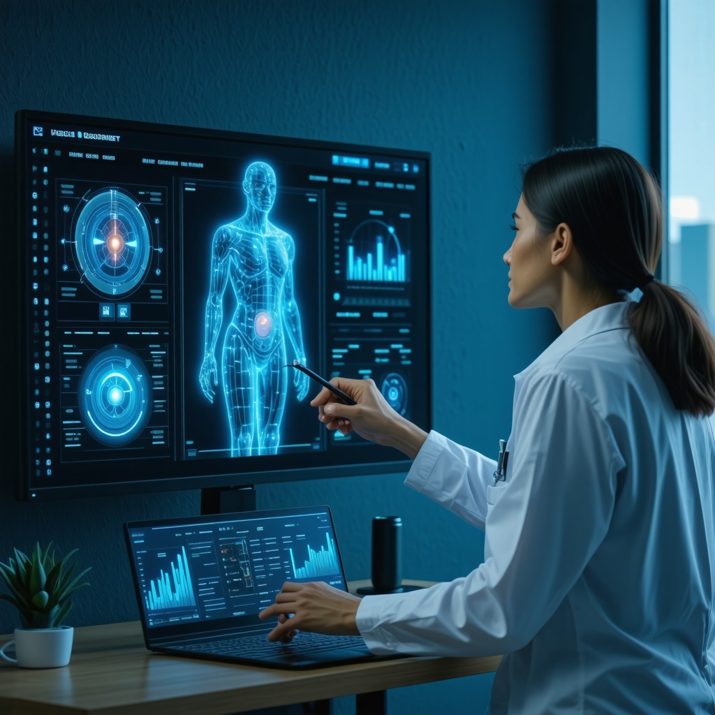Doctor and patient reviewing a digital dashboard showing biometric and psychological data with AI analytics for weight loss