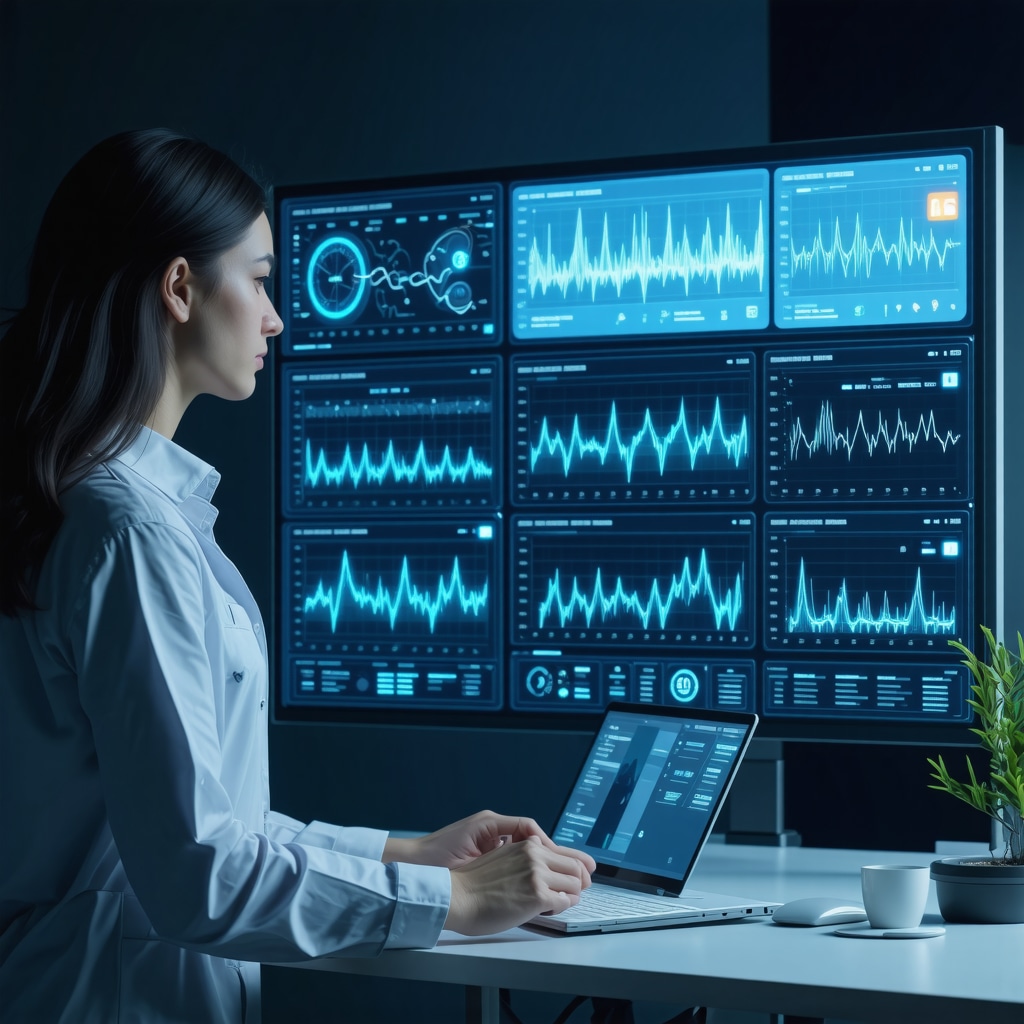 Futuristic medical dashboard displaying AI analytics for tirzepatide personalization with genetics and pharmacokinetics