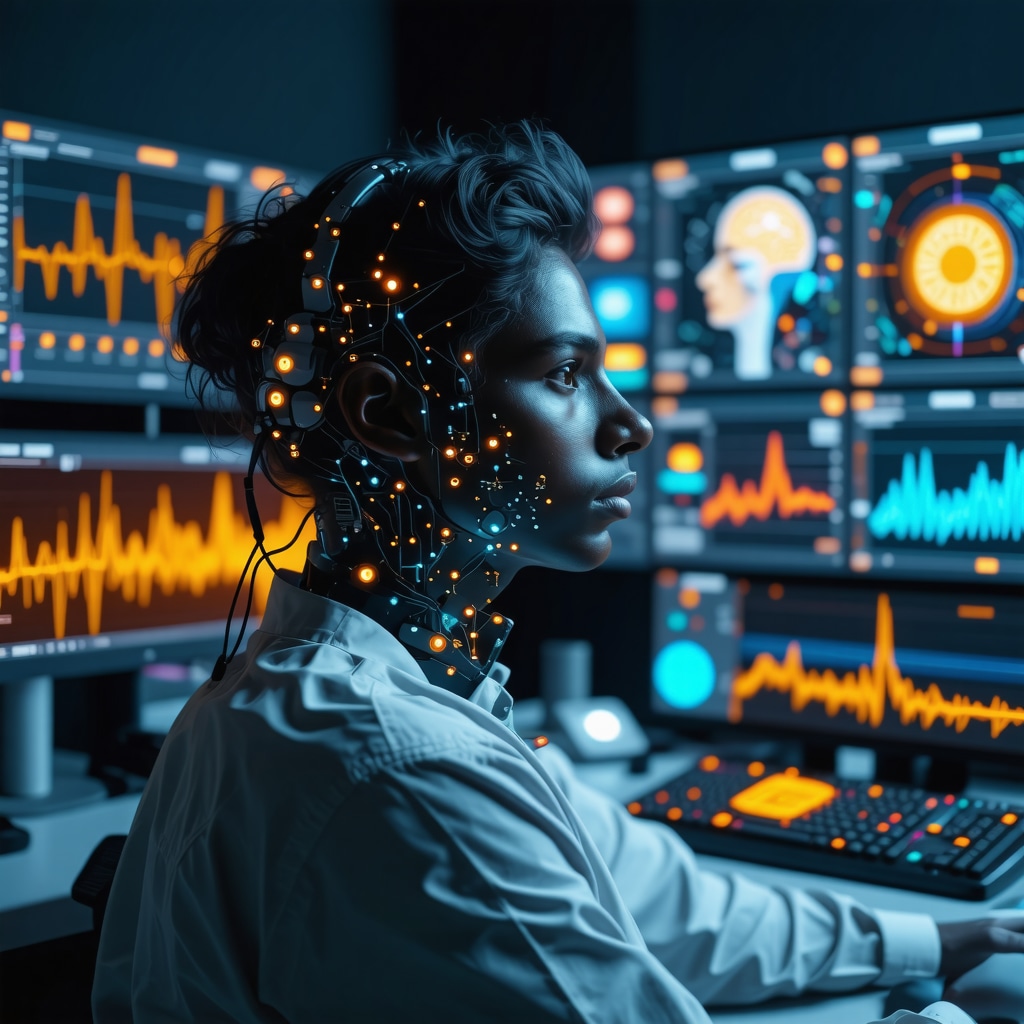 Patient using AI-driven neurofeedback device with brainwave and emotional state data visualization in clinical environment