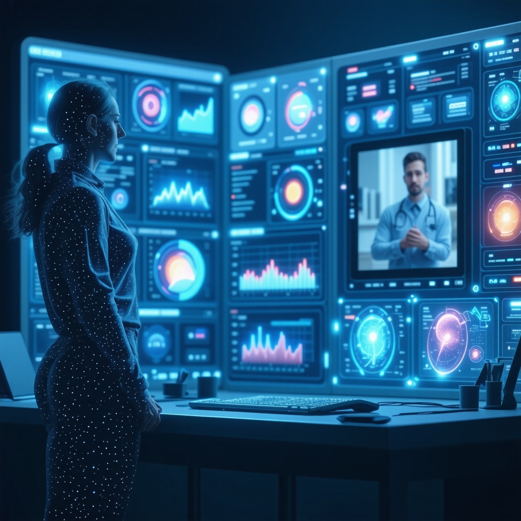 Digital health dashboard displaying AI analytics, wearable biosensor data, and remote physician consultation