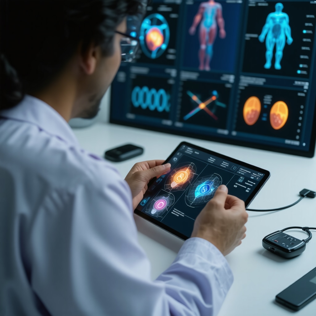 Doctor reviewing AI and genomic data on tablet for personalized weight loss plan with wearable devices visible