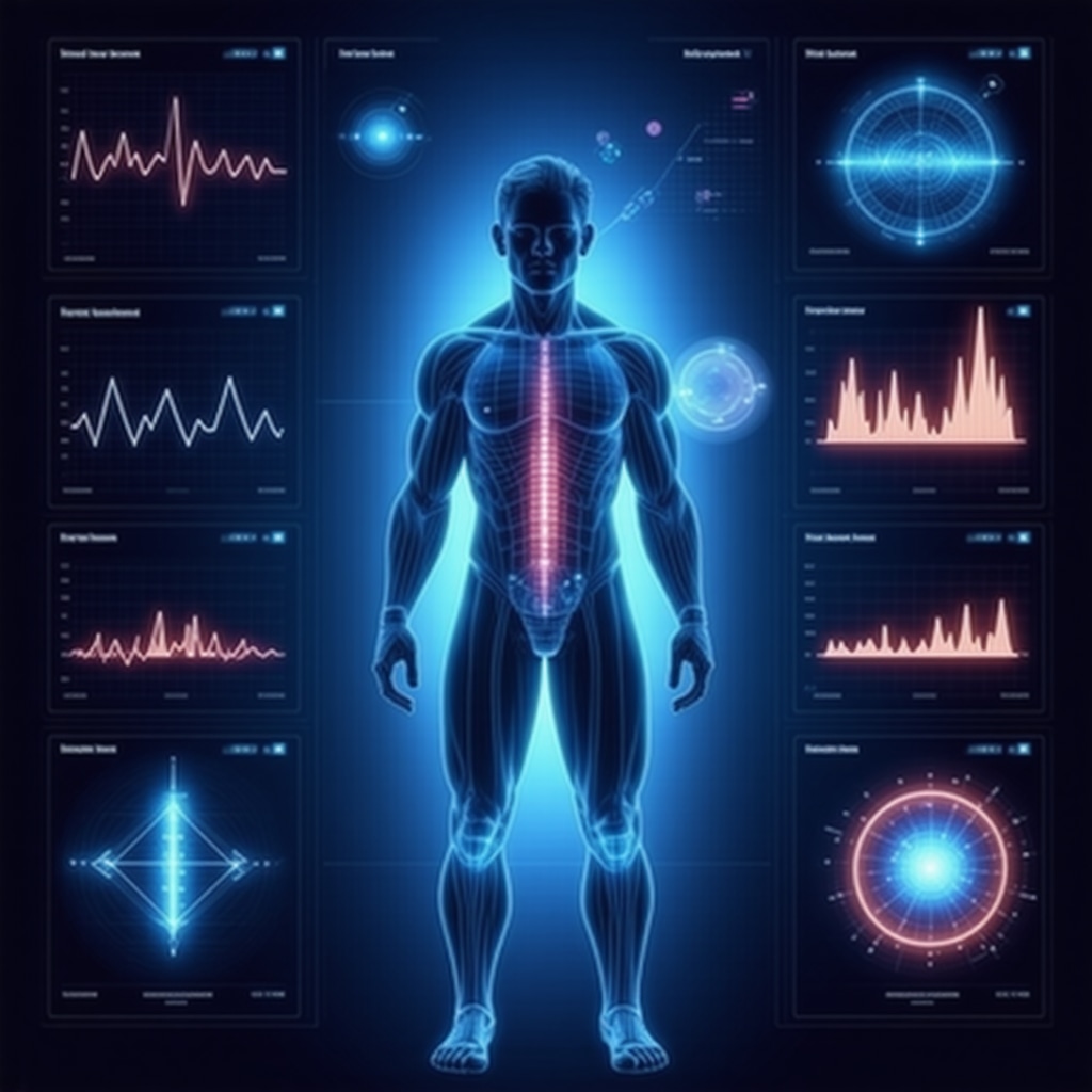 Futuristic medical interface combining AI, biomarker data, and circadian rhythm over human figure with injection site