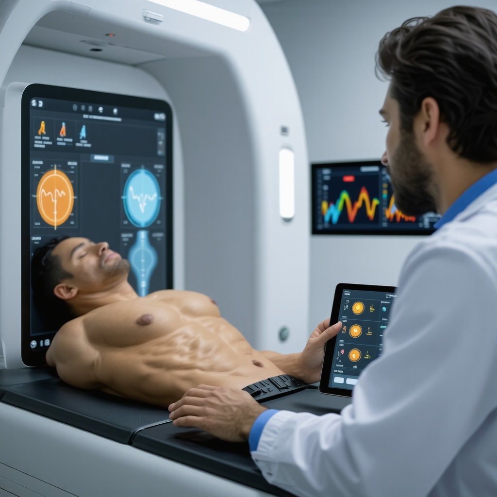 Patient receiving a body composition scan while clinician reviews detailed digital metrics on muscle mass and fat distribution