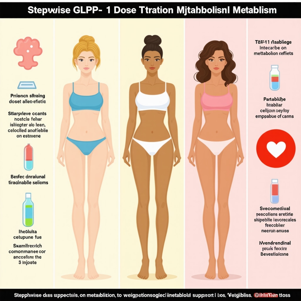Infographic showing GLP-1 dose titration schedule, cellular metabolic improvements, and behavioral support elements