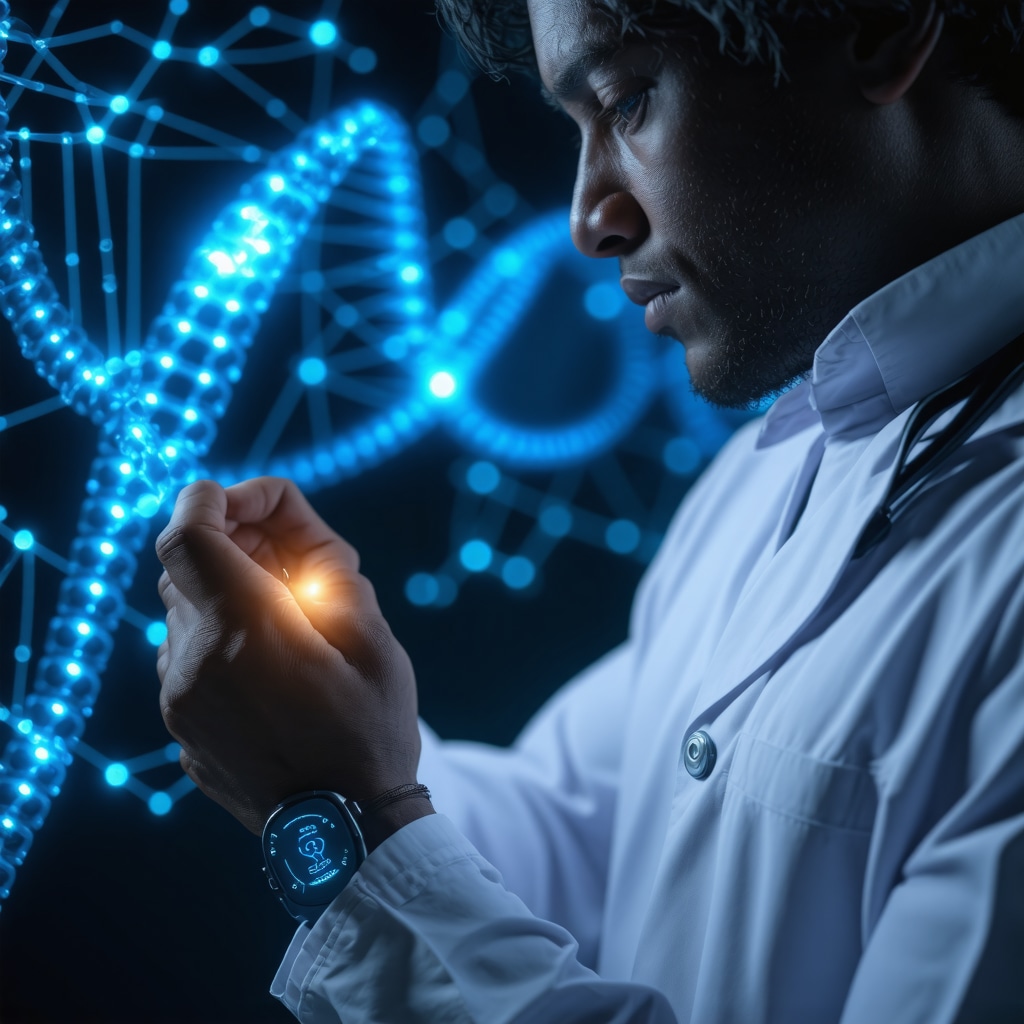 Illustration depicting personalized GLP-1 therapy combining genetic data, wearable health monitoring, and novel drug delivery methods