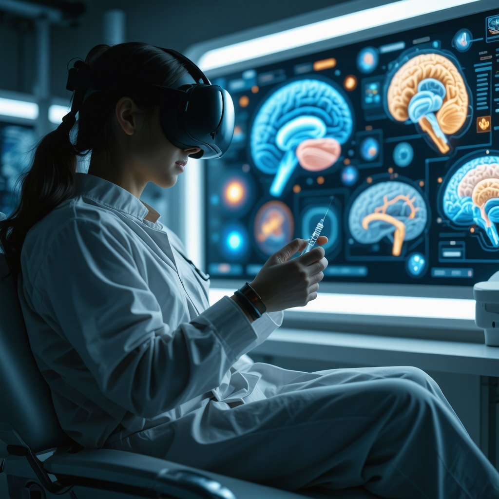 Patient using needle-free injection and VR in clinical setting with digital health overlays
