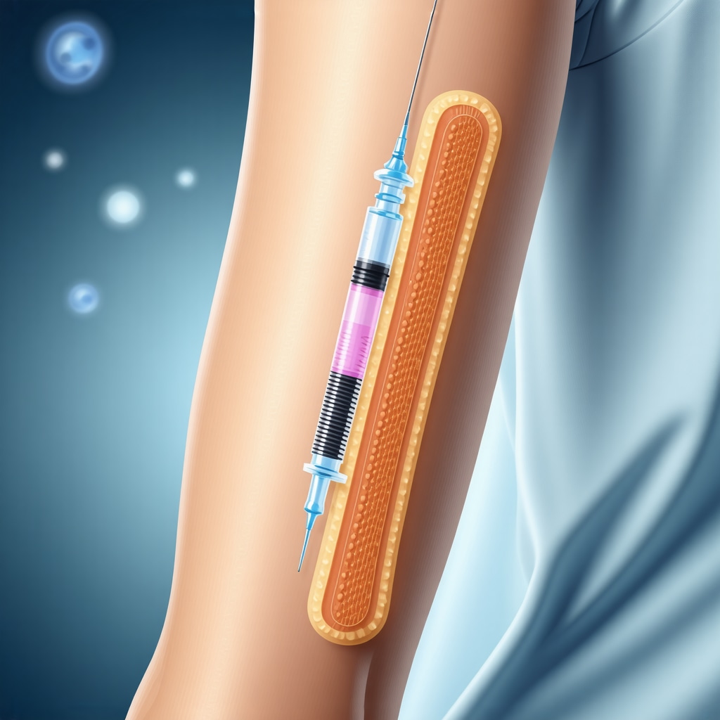 Medical illustration showing injection site anatomy and microneedle array for semaglutide
