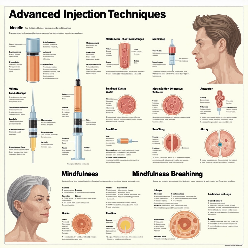 Infographic showing various advanced injection techniques and pain relief methods for injectable weight loss