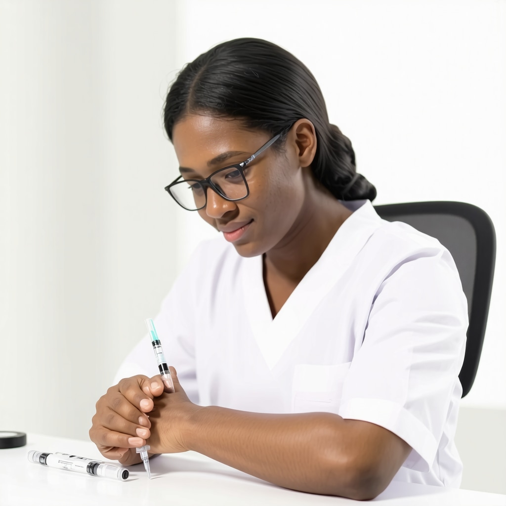 Medical expert demonstrating advanced injection techniques with needle-free devices in clinical setting
