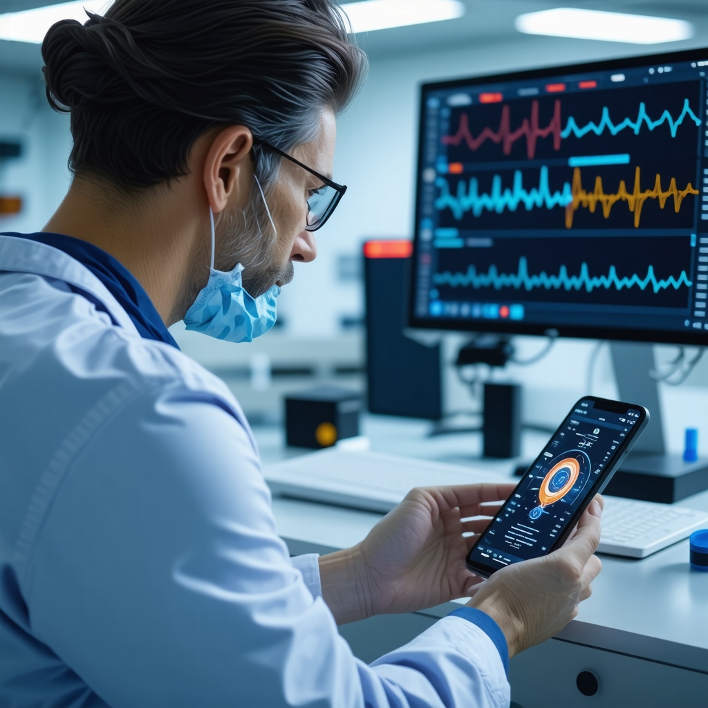 Patient using wearable health device and doctor reviewing genetic information on screen to monitor allergic reactions in weight loss injection therapy