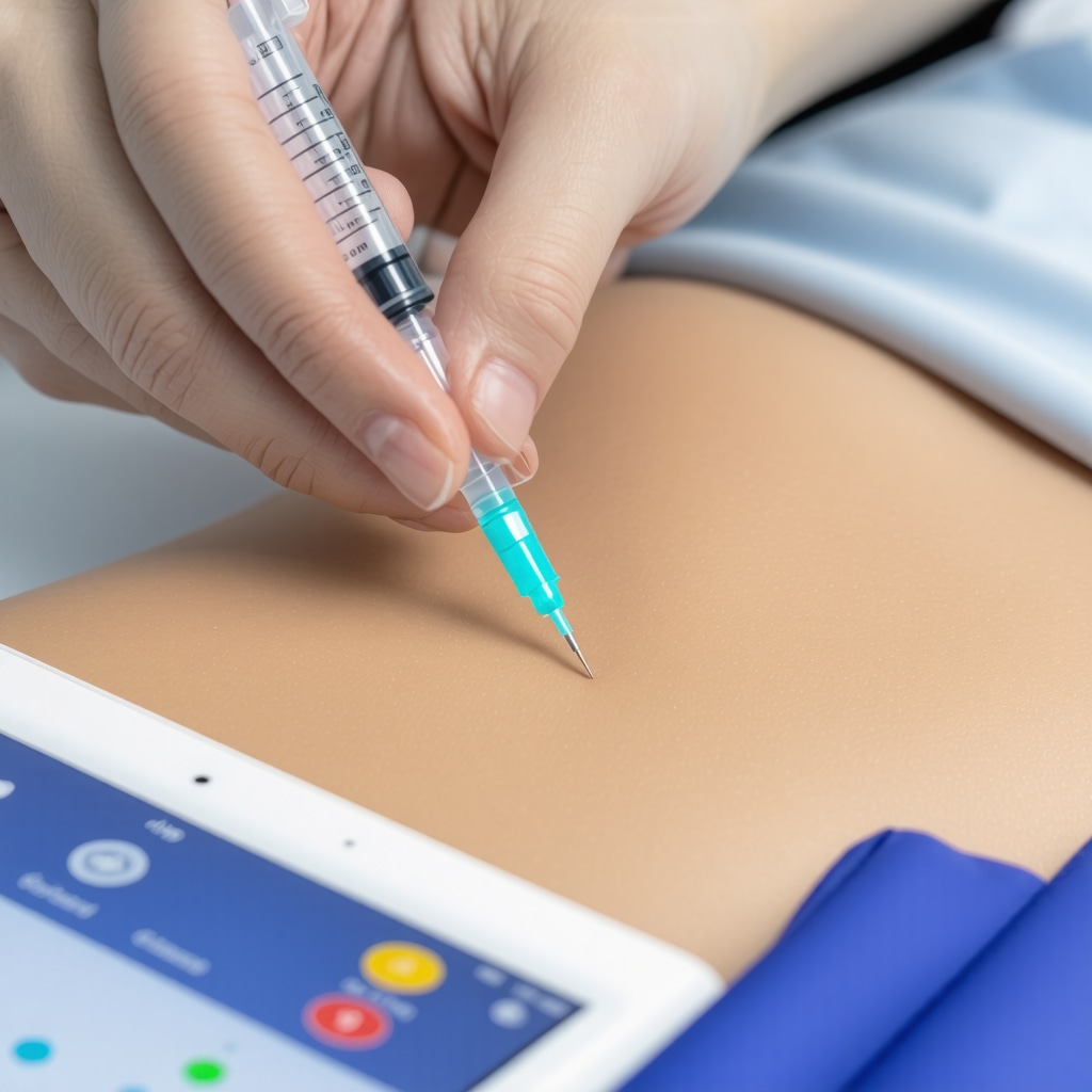 Healthcare professional demonstrating precise semaglutide injection with ultrafine needle and digital tracking app