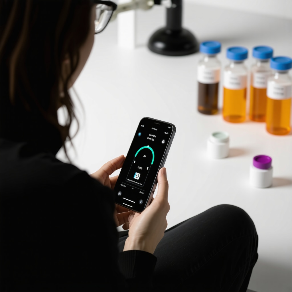 Patient using continuous glucose monitor and AI app alongside injectable weight loss medications in a clinical setting