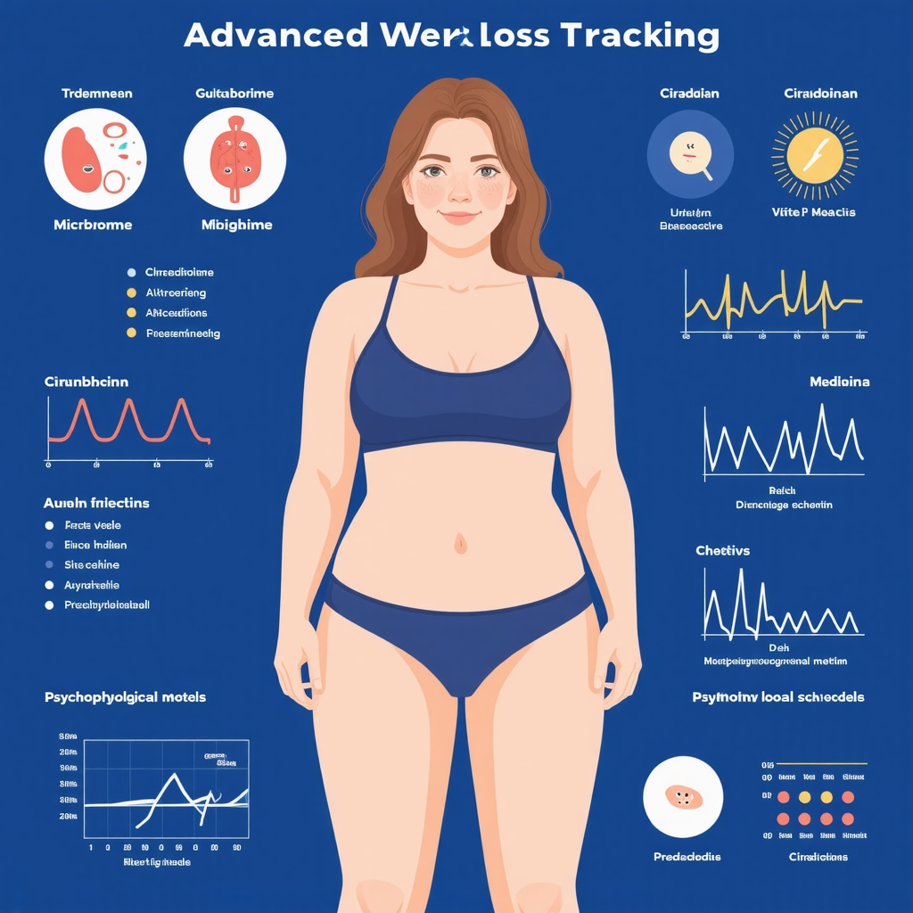 Infographic showing integration of gut microbiome, circadian rhythms, AI analytics, and psychophysiological data in weekly injection weight loss tracking