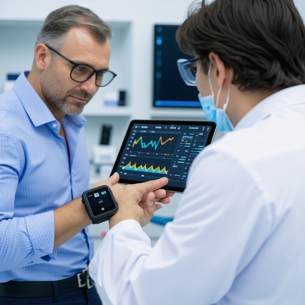 Patient with wearable glucose monitor and healthcare provider reviewing biometric data on tablet for injectable weight loss optimization