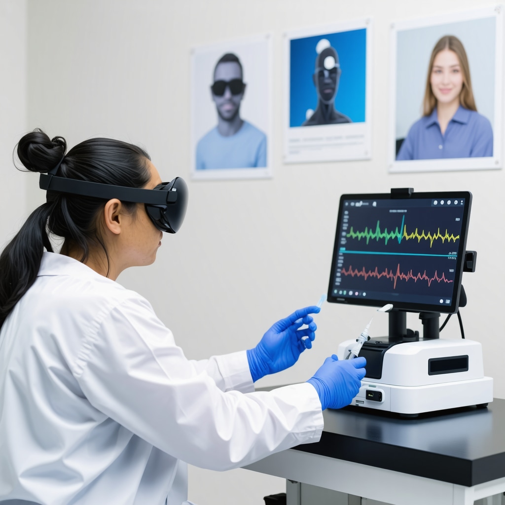 Patient using smart injector with biofeedback display, VR equipment visible, supportive community posters in clinical environment