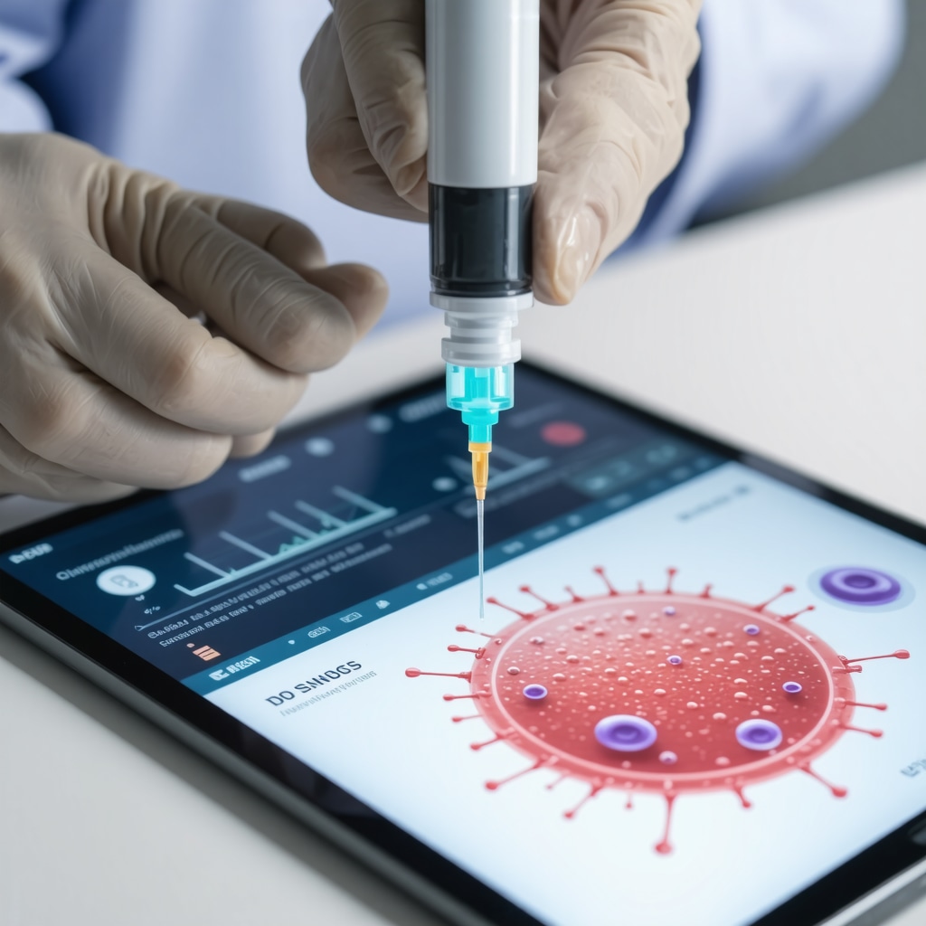 Smart injection pen displaying injection metrics alongside immune cell graphics representing injection site immune response