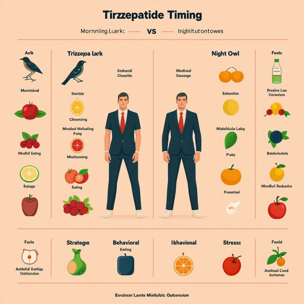 Infographic showing tirzepatide injection timing aligned with chronotypes and behavioral practices for better weight loss results
