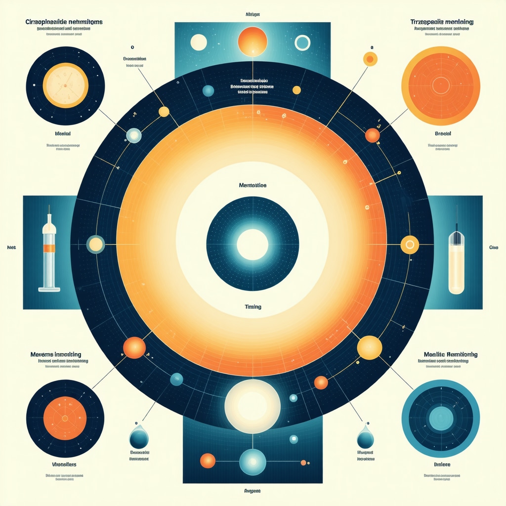 Infographic showing circadian rhythms, tirzepatide injection timing, metabolic phenotypes, and digital health integration