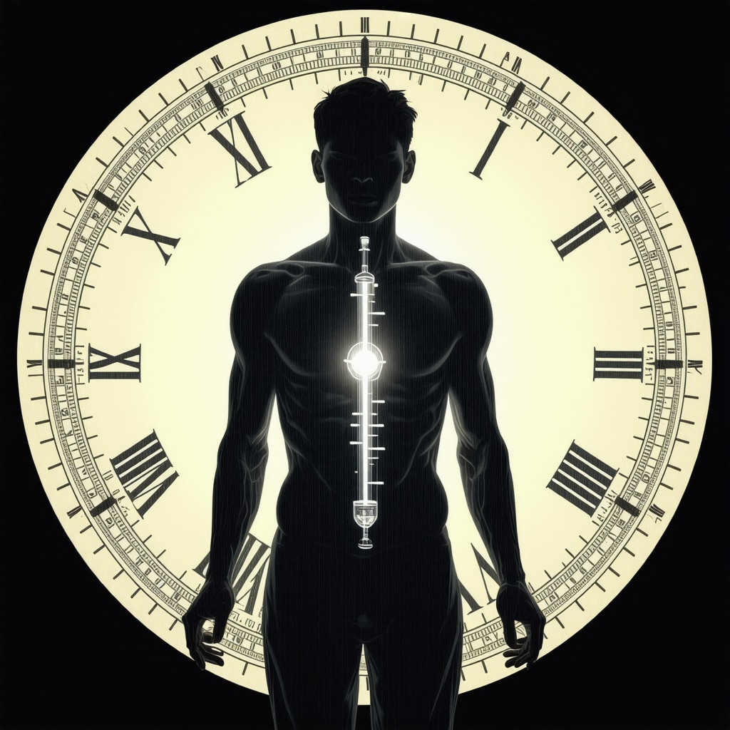 Human silhouette with circadian clock showing optimal meal and medication timing to enhance Tirzepatide effects