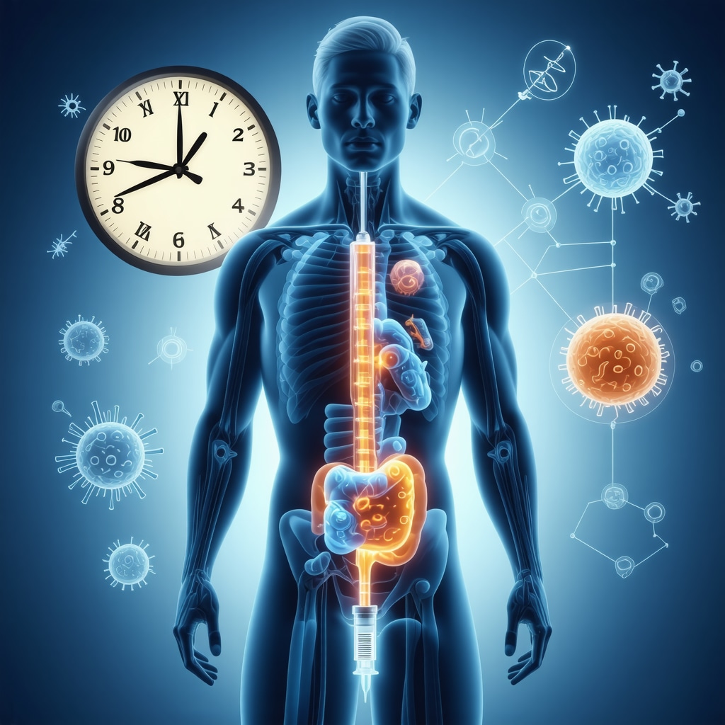 Diagram showing circadian rhythm clock and gut microbiome alongside Ozempic injection pen